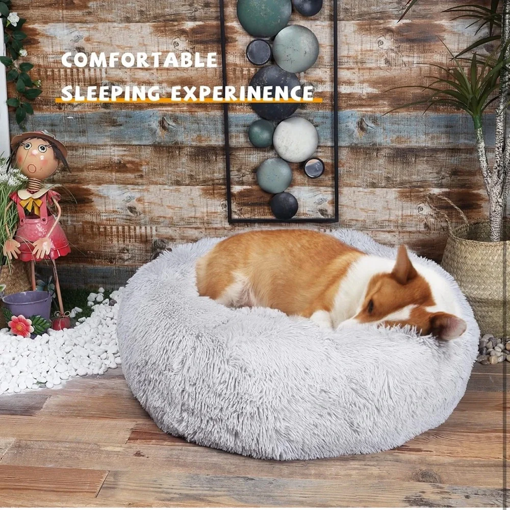 Calming Dog Bed for Medium Dogs, 30 inches Anti-Slip Round Fluffy Plush